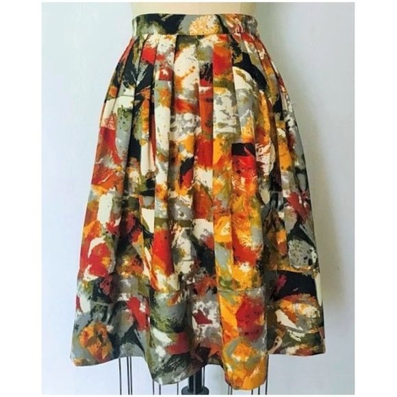 CHELSEA & THEODORE RUST MUSTARD GREEN ABSTRACT WATERCOLOR FULL SKIRT 12 NWOT - Picture 9 of 9